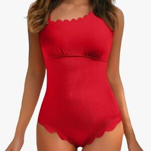 Vibrant Red Scallop Trim One-Shoulder Swimsuit